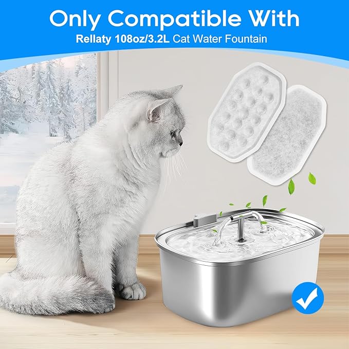 Cat Fountain Filter Replacement, Cat Water Fountain Filters Compatible with Rellaty & Fit for Neareal 3.2L/108oz Fountains, 10PCS Replacement Filters with 10PCS Sponge 10+10 Pack