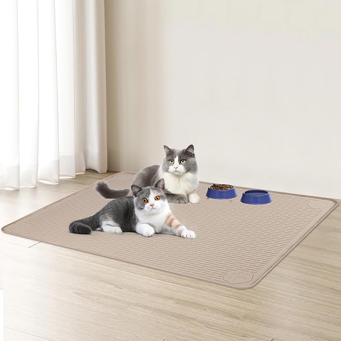 Cat Food Mat, 40" x 28" Extra Large Silicone Pet Feeding Mat with Raised Edge Pet Placemat for Food and Water Bowl Non-Slip, Easy to Clean, Floor Protection (Khaki)