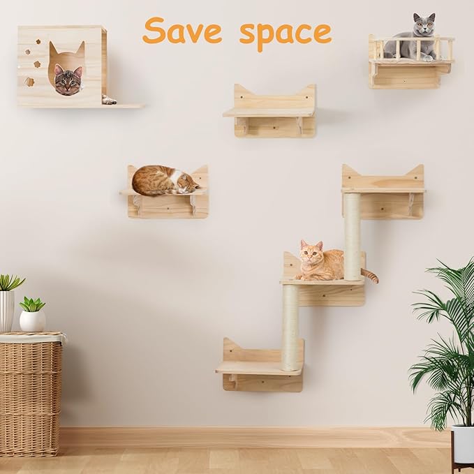9-Piece Cat Wall Shelves and Perches for Wall, House, Lookout Tower, 2 Sisal Scratching Posts, 5-Step Wall Ladder, 7 Sisal Mat, Ideal Shelves for Wall - Sturdy Cat Wall Shelves for Large Cats