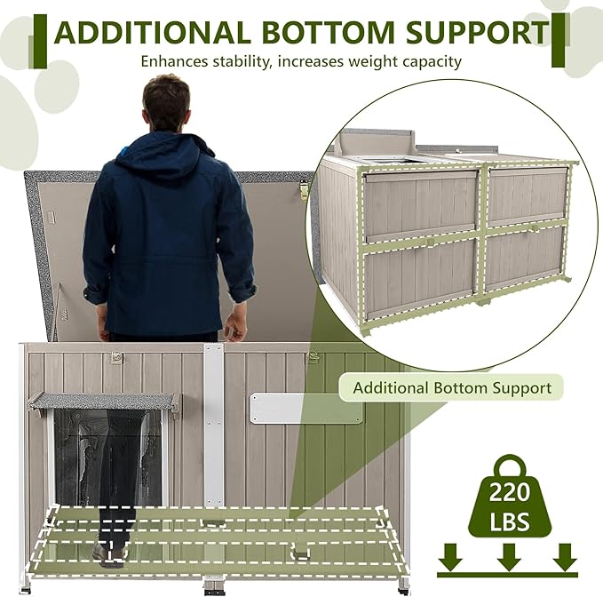 Large Dog House Outdoor XL Wooden Dog House with Weatherproof Asphalt Roof, Chew-Resistant Frame, Removable Floor, for Medium to Large Dogs Indoor Outdoor Use (Grey, 55.1"L x 33.1"W x 34.8"H)