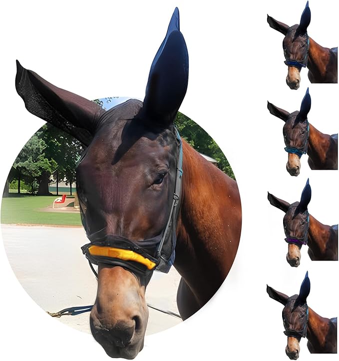 Donkey Fly Mask with Long Ears (Orange) Half Hoodie for Standard Donkey, Made in USA - Mule Fly Mask with Ears Protection from Insects and Bugs, Face Cover Soft Mesh Fabric with Adjustable Fastener