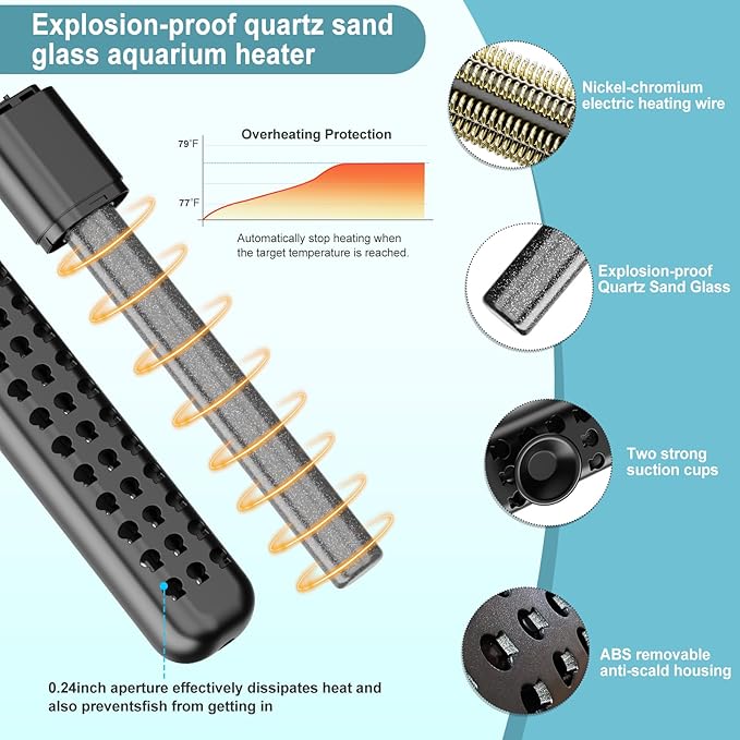 Submersible Aquarium Heater 100W/200W/300W/500W, Fish Tank Heater with high-Temperature Protection and Turtle Tank Heater with Automatic Power-Off When Leaving seawater or Freshwater.