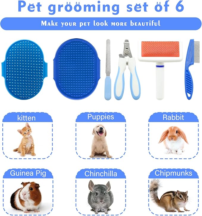 Pet Grooming Kit with Slicker Brush Bath Massage Glove Brush Pet Shedding Comb Nail Clipper Trimmer 6 Piece Set for Rabbit Kitten Guinea Pig Cat Chinchilla Ferret Small Animals