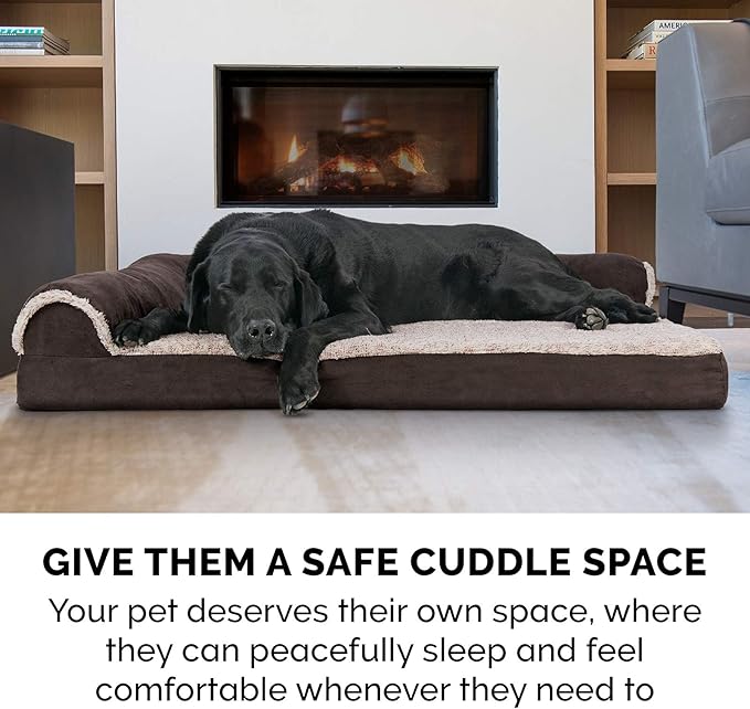 Furhaven Cooling Gel Dog Bed for Large/Medium Dogs w/ Removable Bolsters & Washable Cover, For Dogs Up to 55 lbs - Two-Tone Plush Faux Fur & Suede L Shaped Chaise - Espresso, Large