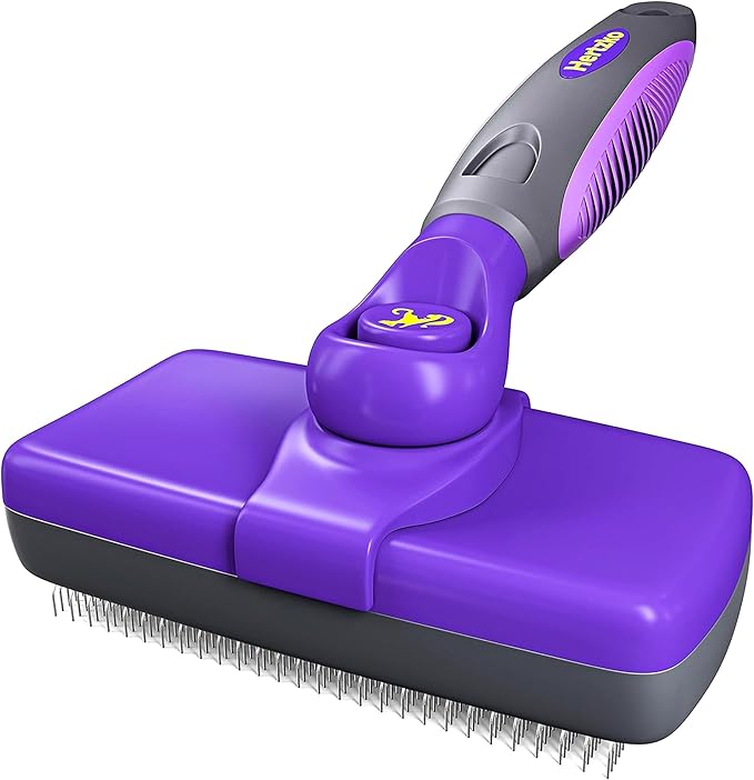 Hertzko Self Cleaning Slicker Brush for Dogs and Cats - Pet Hair Brush for Shedding Long and Short Hair - Easy Clean Retractable Bristles - Cat and Dog Grooming Tool - Purple