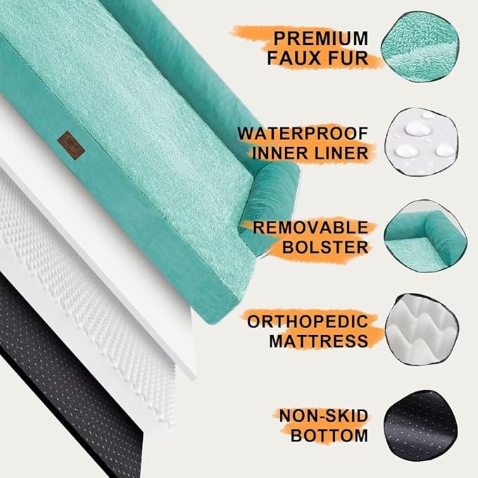 Large Dog Bed Orthopedic Washable, Orthopedic Dogs Bed with Removable Bolsters, Washable Beds for Large Dogs, Waterproof Pet Beds and Non-Slip Bottom, Extra Aqua Blue XXXLarge Dog Sofa