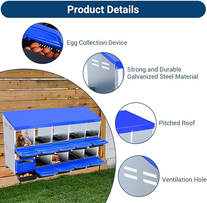 Chicken Nesting Boxes, 10 Hole Metal Chicken Laying Box with with Removable Trays and Roll Out Egg Collection for Chicken Coop, Blue