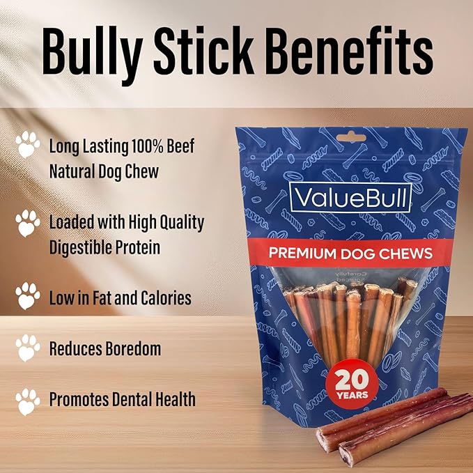 ValueBull Bully Sticks for Dogs, Thick 6 Inch, 400 Count Wholesale Pack - All Natural, Grass Fed, Single Ingredient, Long Lasting Dog Treats
