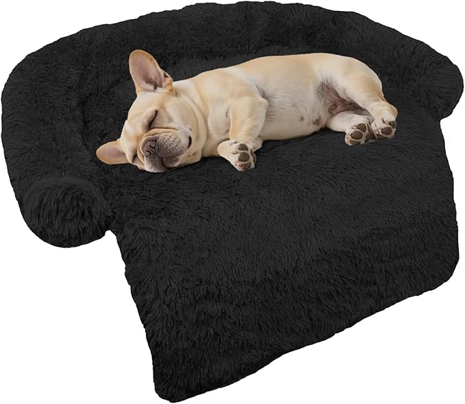 GGIB Calming Dog Bed Fluffy Plush Dog Mat for Furniture Protector with Removable Washable Cover for Large Medium Small Dogs and Cats (Small,Black)