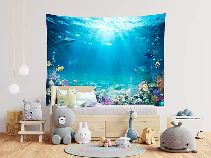 Loccor Underwater World Tapestry Blue Ocean Wall Hanging Under the Sea Coral Reef Wall Tapestry Tropical Fish Tank Undersea Tapestries Marine Wall Art for Bedroom Living Room Dorm Decor 92x70 Inches