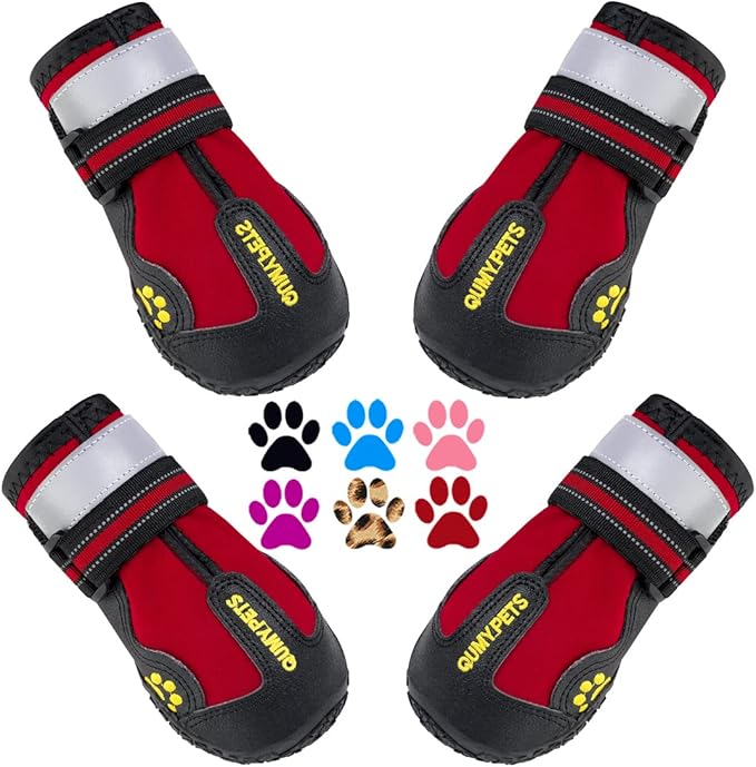 QUMY Dog Shoes for Large Dogs, Medium Dog Boots & Paw Protectors for Winter Snowy Day, Summer Hot Pavement, Waterproof in Rainy Weather, Outdoor Walking, Indoor Hardfloors Anti Slip Sole Red Size 4