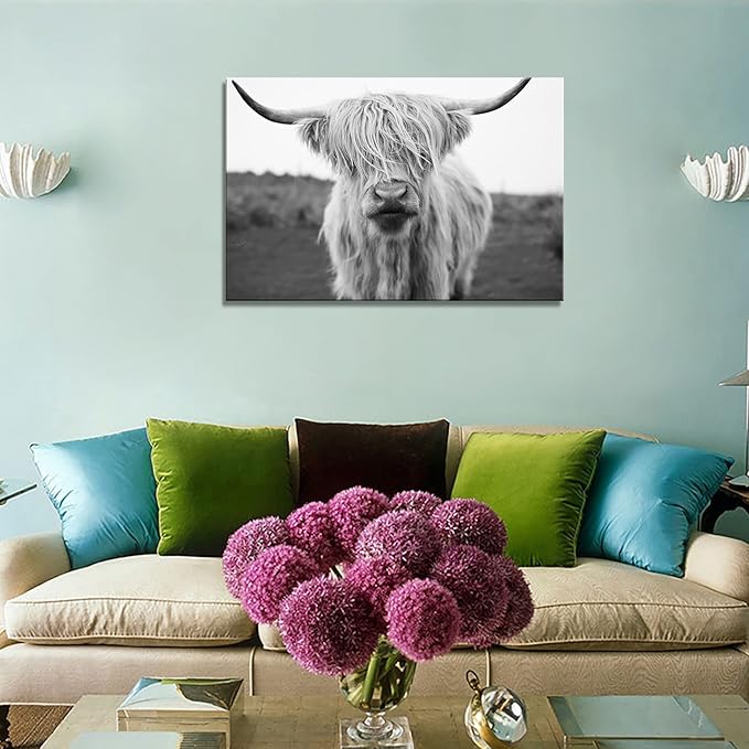 XXMWallArt FC3681 Highland Cow Canvas Art - Black and White Animal Wall Art for Living Room, Bedroom, Office Wall Decor