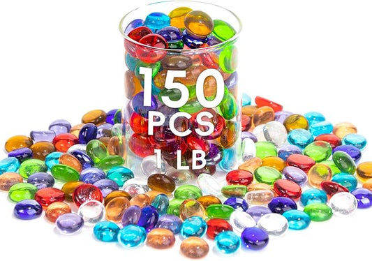 1 LB Mix Color Glass Beads, Mini Flat Glass Marbles~150PCS for Vase Fillers, Floral Bottom Mancala Gems Pebbles Fish Tank Rocks for Table Scatter Aquarium,Home Decorative Art Craft Supplies(0.5"~0.7")