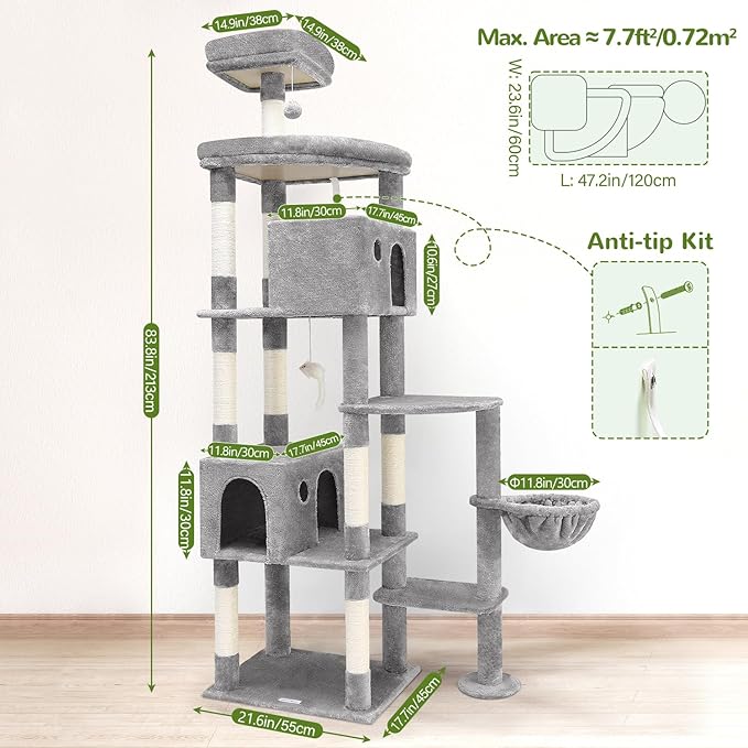Globlazer Giant Cat Tree, 83 inch Cat Tree for Indoor Cats Large Adult, XXL Cat Tower with 9 Scratching Posts for 20lb+ Heavy Duty Large Adult Cats, F83, Light Grey
