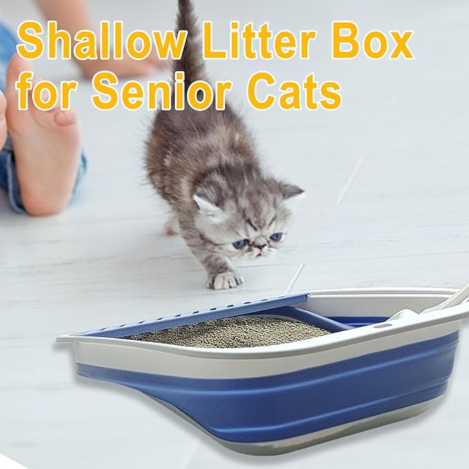Kitten Training Litter Box, Collapsible Low Entry Kitten Litter Box Shallow LitterBox Senior Cats Anti-Splashing Open Potty Pan Scoop Leak-Proof Pedal Cat Toilet No Smell Easy Clean