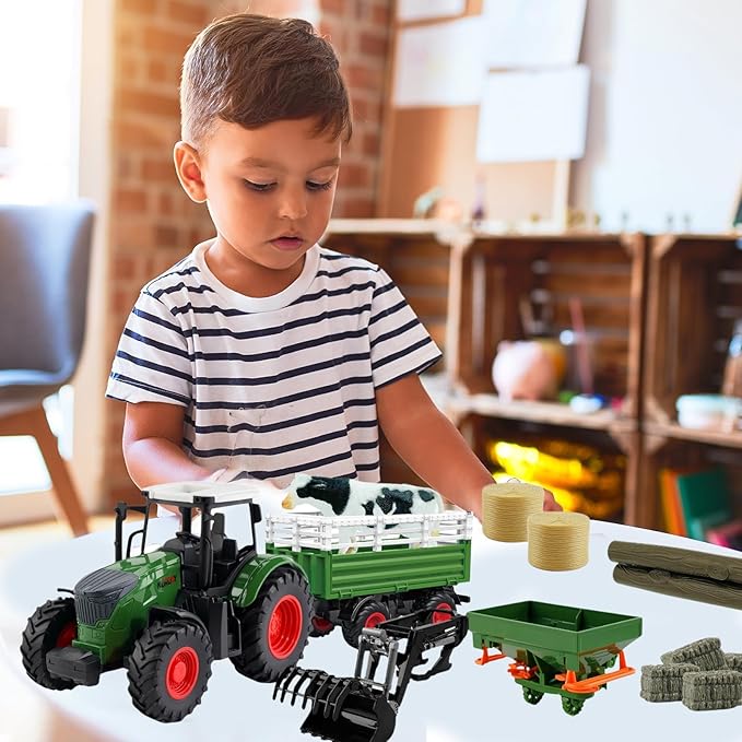 Farm Toys Tractor with Trailer-16.5 Inches Tractor Playset 1/24 Scale Gripper Frontloader Spreader for Boys Kids Toddlers Age 3-7 Years Old