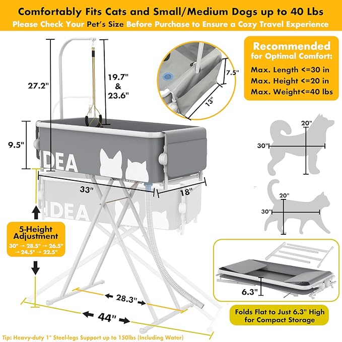 PAWZIDEA 2-in-1 Portable Dog Bathtub & Grooming Table, 33" Foldable Pet Washing Station for Small Medium Dogs Cats, Elevated Tubs for Bathing Shower Indoor Outdoor, 5 Height Adjustable, Storage Pocket