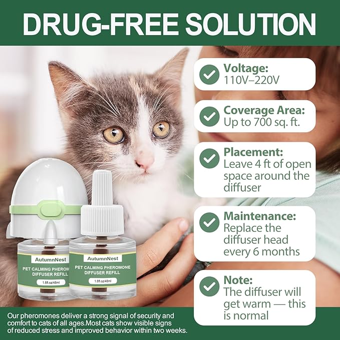 6-in-1 Cat Calming Pheromone Diffuser Kit, Cat Calming Diffuser for Anxiety Relief, Aggression, Scratching, Urine Marking, Fighting, Meowing, Hiding, Safe for All Cats, 120 Days Support