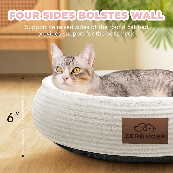 20in Cream Round Cat Dog Bed Gift for Large Medium Small Dogs Cats, Machine Washable Sleeping Sofa, Non-Slip Bottom Breathable Soft Calming Pet Cuddler for Indoor/Outdoor/Car/Cage