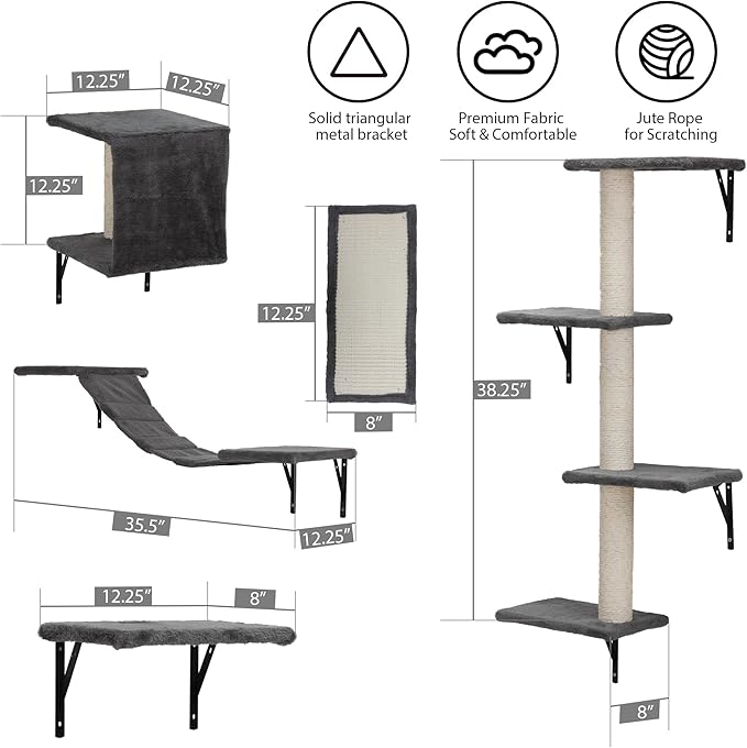 COZIWOW Wall Mounted Cat Furniture, Cat Wall Shelves and Perches, Floating Cat Shelves for Wall Set of 5 (Grey)