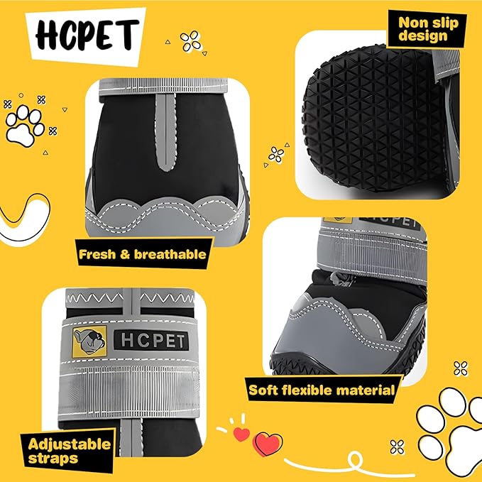 Hcpet Dog Shoes for Large Dogs, Waterproof Dog Booties for Small Medium Dogs, Anti-Slip Dog Boots & Paw Protectors for Hot Pavement Winter Snow Hiking with Reflective Straps Black Size 2