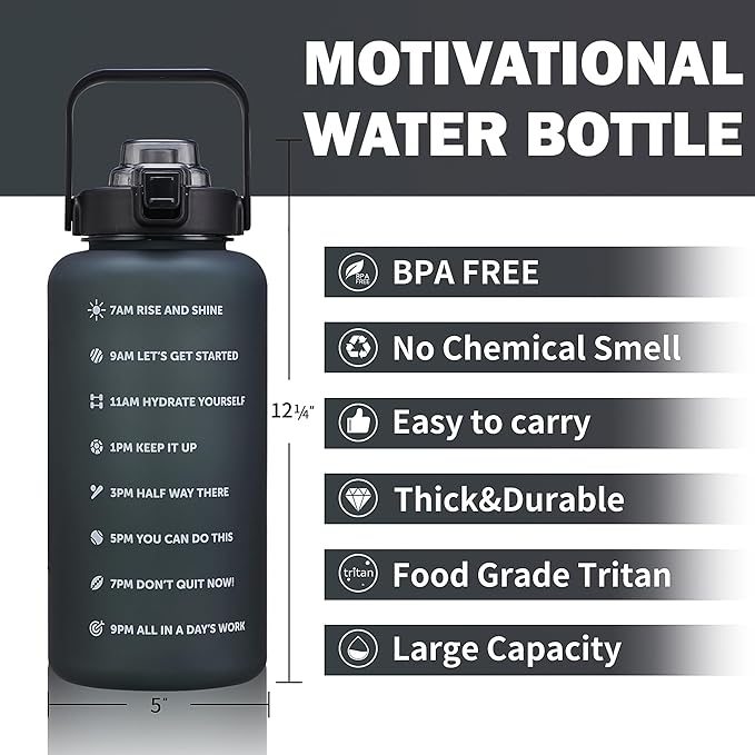 64oz,100oz,128oz Large Motivational Water Bottle with Time Marker, Leakproof & BPA Free Half Gallon Big Water Bottle with Straw Handle Tritan Frosted Water Jug for Gym,Fitness,Outdoor Sports
