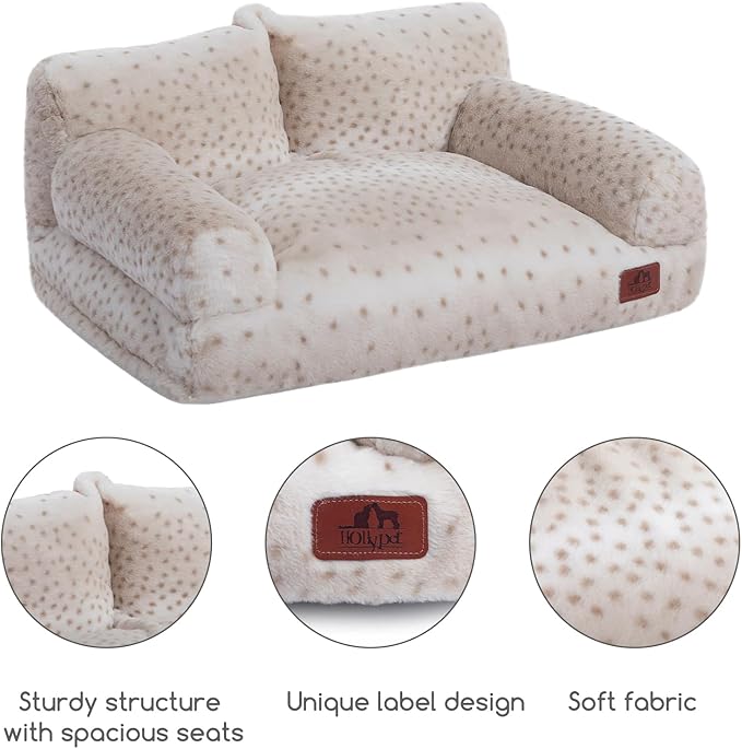 Hollypet Fluffy Plush Dog Cat Pet Couch Soft Calming Sofa Bed for Medium Small Cats and Dogs, Leopard