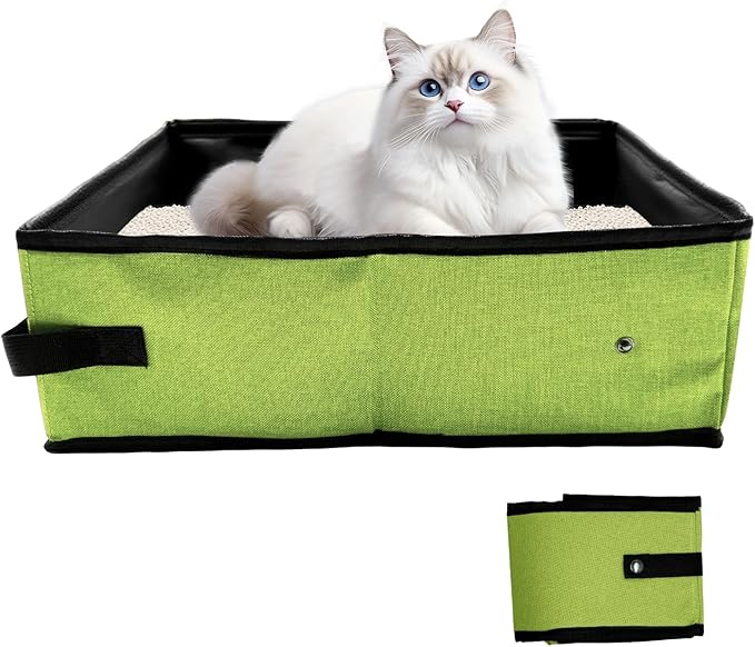 Portable Litter Box for Cats, Folding Cat Litter Box Waterproof, 15.75 * 11.82 * 3.94 Inches, Pet Essentials for Traveling & Camping, Indoor & Outdoor - Green