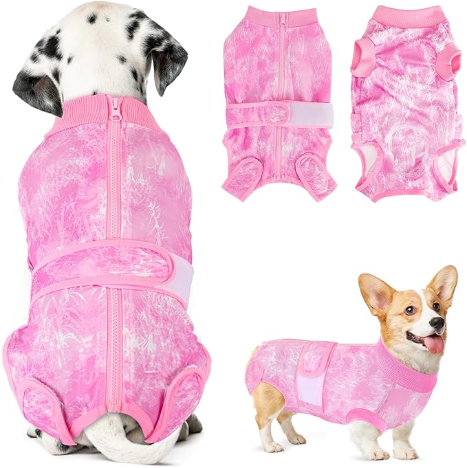 Lukovee Recovery Suit for Dogs, Zipper On Recovery Suit for Female Male Dog, Onesie Abdominal Wounds Cone E-Collar Alternative Prevent Licking Spay Recovery Suit (X-Small, Pink Tie-dye)