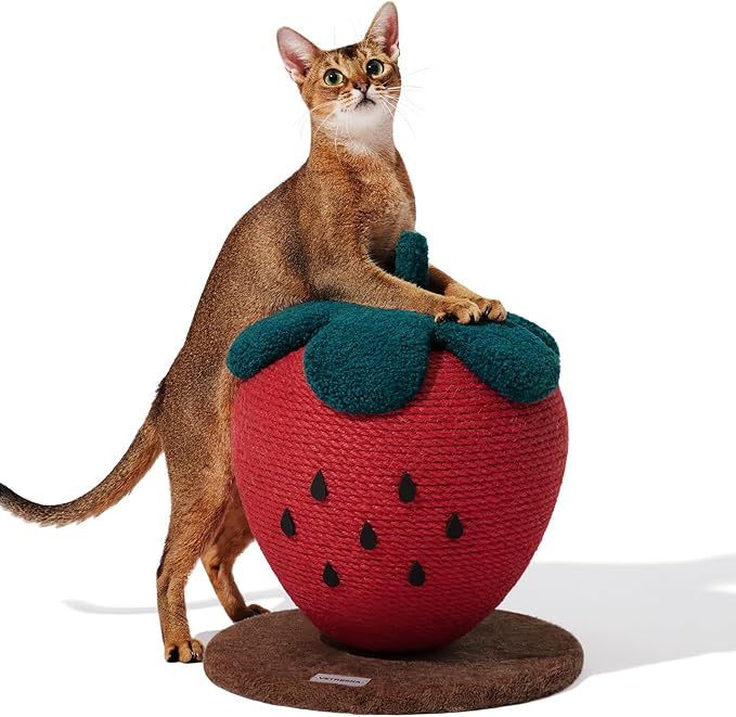 VETRESKA Strawberry Cat Scratching Post, Cute Cat Scratcher with Sisal Rope, Vertical Cat Scratch Post for Indoor Cat and Kitten, Ring Paper Strawberry Leaves Attract Cats