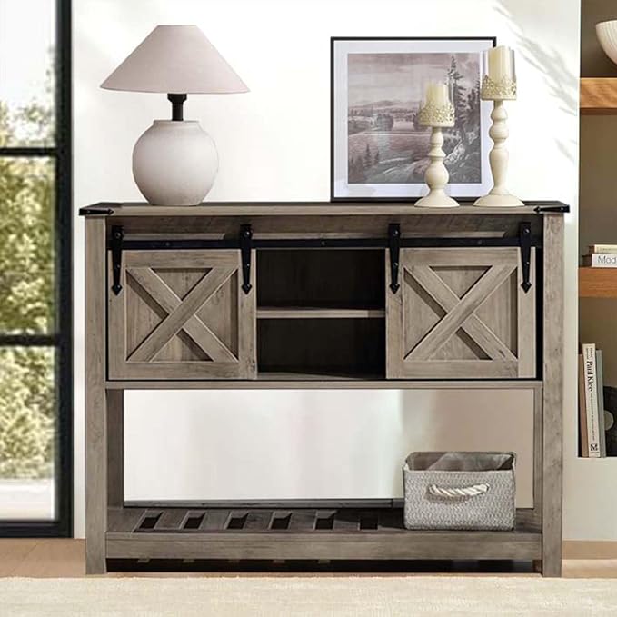 Entryway Table with Storage, Farmhouse Buffet Cabinet Coffee Bar Kitchen Island with Sliding Barn Doors & Shelves, Console Table for Kitchen, Dining Room, Living Room, Grey