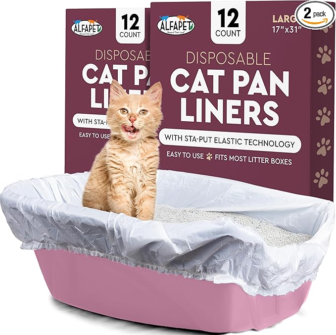 Alfapet Cat Litter box liner Disposable, Elastic Liners- 24-count-For Medium and Large, Size Litter Pans- With Sta-Put Technology for Firm, Easy Fit- Quick + Clever Waste Cleaners