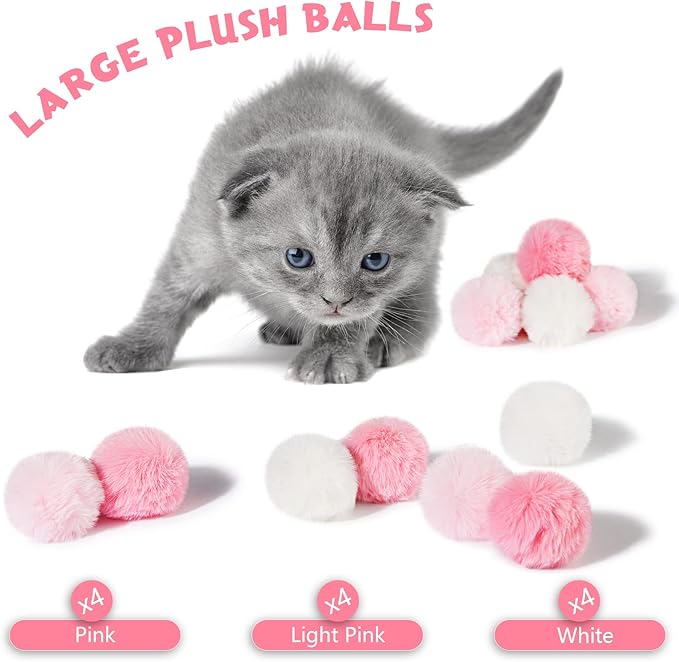 Weewooday 12 Pieces Cat Pom Pom Balls Toys Large Fuzzy Cat Ball Artificial Large Plush Ball for Cats Pets Interactive Playing Indoor(Pink, White,Solid Color)