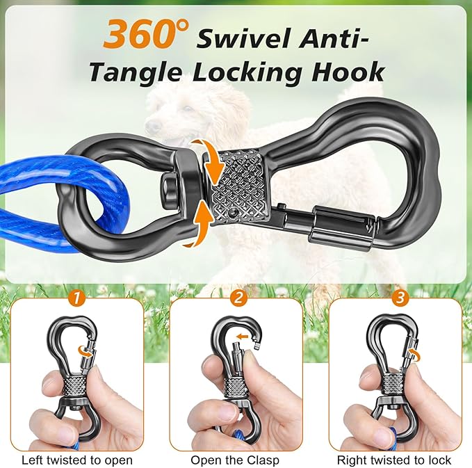 Tresbro 20 FT Dog Tie Out Cable with Spring, Shock Absorbing Tether Chains for Outside Aavilable in 10/15/20/25/30/40/50/70/100/120 FT, Heavy Duty Leads for Yard for Medium & Large Dogs Up to 500 LBS
