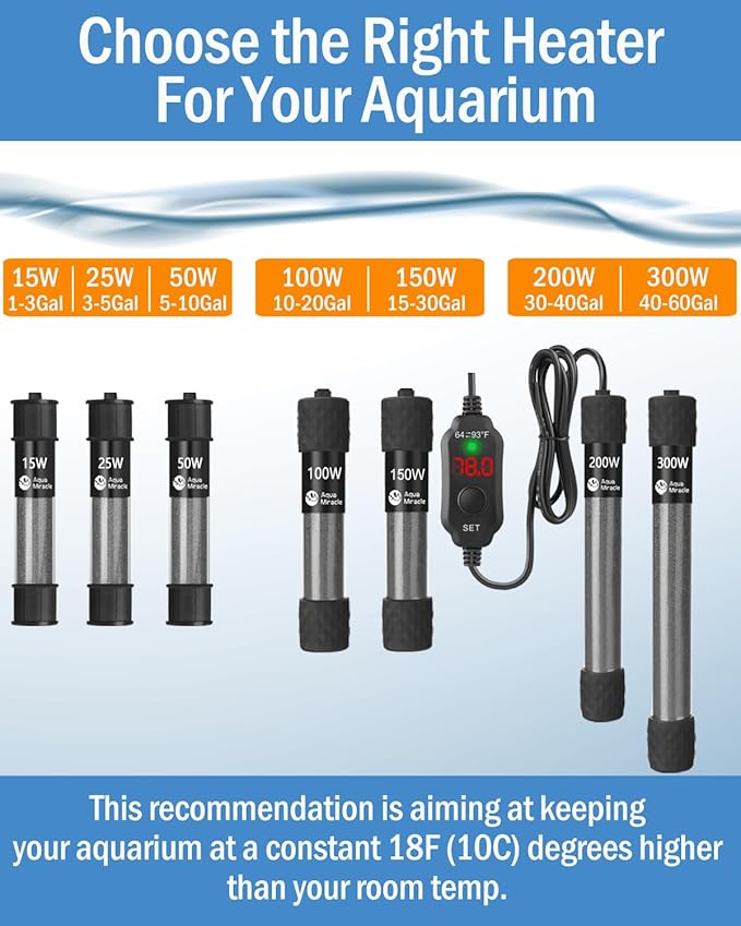 AquaMiracle Adjustable 50W Aquarium Heater Submersible Fish Tank Heater Super Short Aquarium Heater with LED Digital Display Thermostat, for Tanks 5-10 Gallons