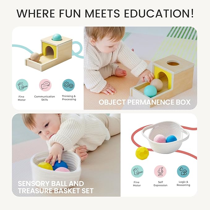 Tiny Land Montessori Toy Set for Babies 7-9 Months Senser Play Kit - 5-in-1 Wooden Learning Toys with Object Permanence Box, Sensory Ball, Stacking Cups and Mirror Puzzle,Body Board Book