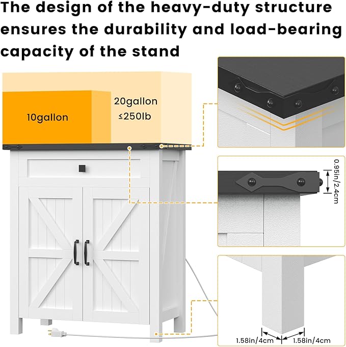 Suadism 20 Gallon Aquarium Stand With Charging Station, Farmhouse Fish Tank Stand, Reptile and Terrarium Stand with Drawer and Cabinet Storage, Sturdy Heavy Duty 27.6"15.7" - White
