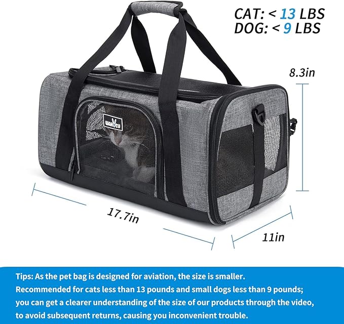 TSA Approved Pet Carrier for Small Cats Dogs, Travel Bag with Adequate Ventilation, 5 Mesh Windows, 3 Entrance, Locking Safety Zippers, Padded Shoulder and Carrying Strap, Small