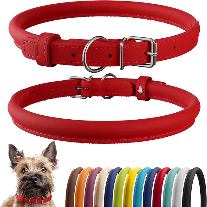 CollarDirect Rolled Leather Dog Collar, Soft Padded Round Puppy Collar, Handmade Genuine Leather Collar Dog Small Large Cat Collars 13 Colors (6 Inch, Red Smooth)