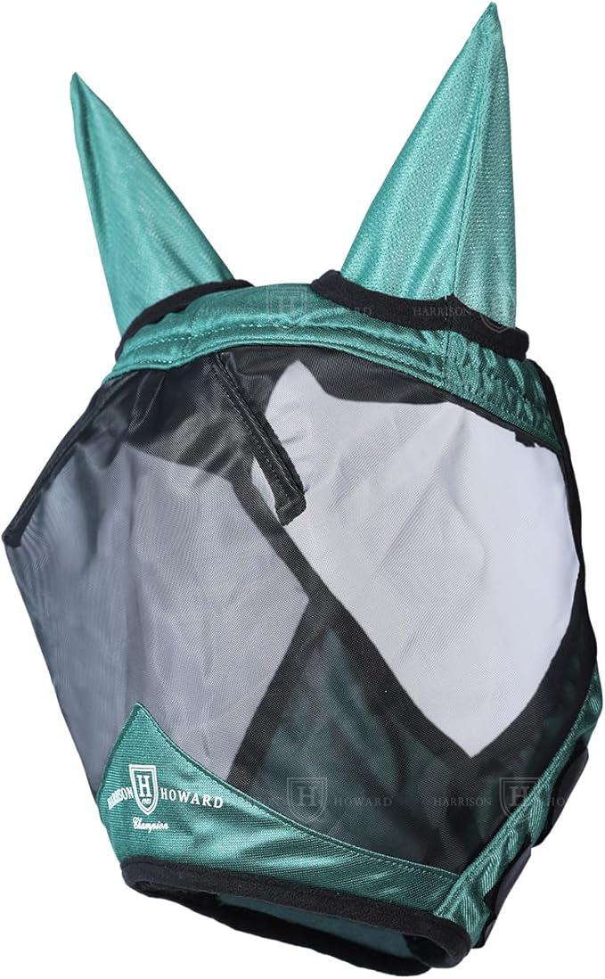 Harrison Howard Pro Luminous Horse Half Face Fly Mask Large Eye Space with Ears UV Protection for Horse Hunter Green S