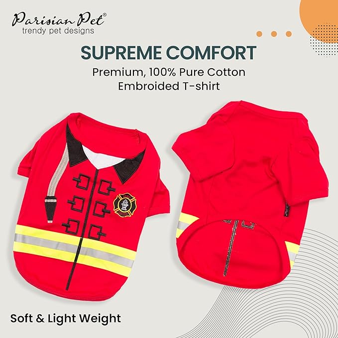 Parisian Pet Embroidered Firefighter Dog Costume - 100% Cotton & Polyester - Sleeved - Red - Large - Lightweight