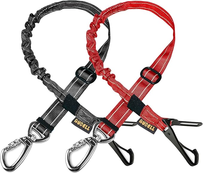 AUBELL Dog Seat Belt for Car,2 Pack Set 3-in-1 Adjustable Reflective Bungee Heavy Duty Dog Car Harness Tether with Clip Hook Latch & Buckle,Swivel Zinc Alloy Carabiner,Black+Red