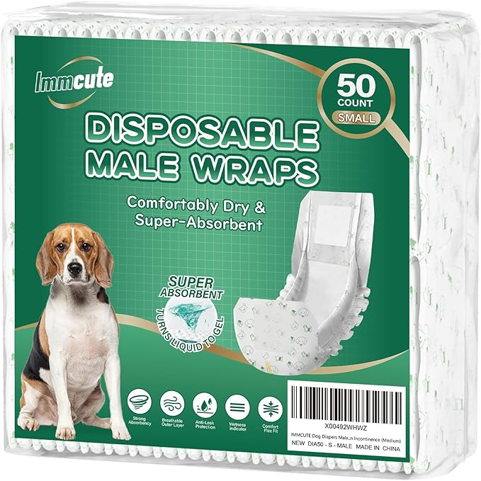 IMMCUTE Dog Diapers Male Small 50 Ct, Male Dog Diapers Disposable with Wetness Indicator, Adjustable Puppy Diapers Male, Flashdry Gel Technology, Male Dog Wraps for Incontinence & Marking