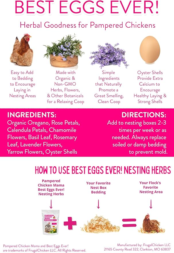 Pampered Chicken Mama Best Eggs Ever! Nesting Herbs for Chickens (10 Ounces) Calcium Supplement for Chickens | Chicken Feed Supplies, Hen Treats for Coops