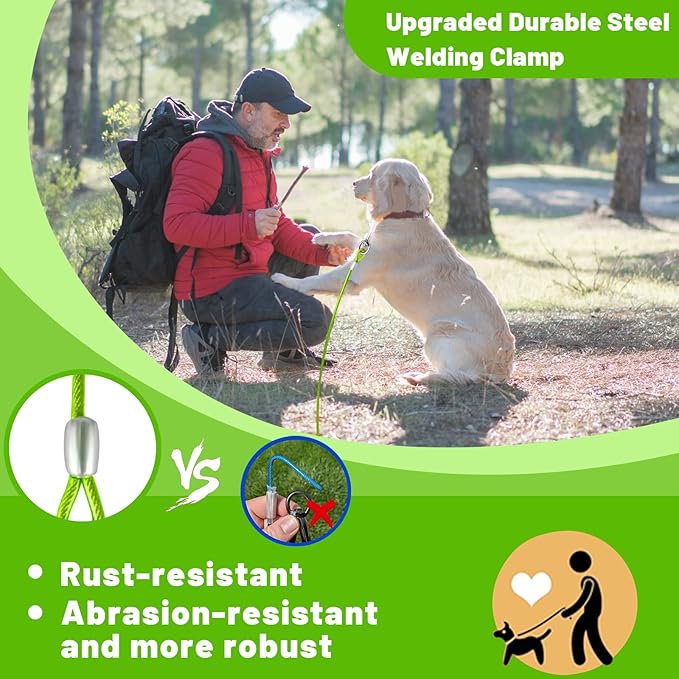 Dog Tie Out Cable 10/15/20/25/30 FT Runner for Yard Steel Wire Cable with Durable Superior Clips Green Chains for Outside Dog Lead for Large Up to 165 Lbs