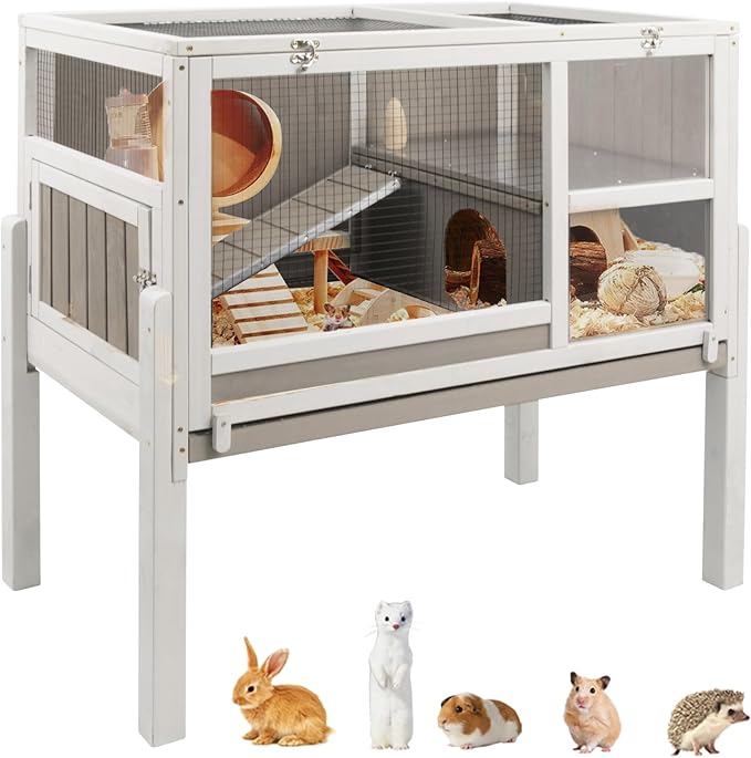 Guinea Pig Cages Indoor, Wooden Guinea Pig Cages with Stand, Rabbit Cage Hutch with Ramp and Hideout, Small Animals Cage Habitat with Not Leakage Pull Out Tray