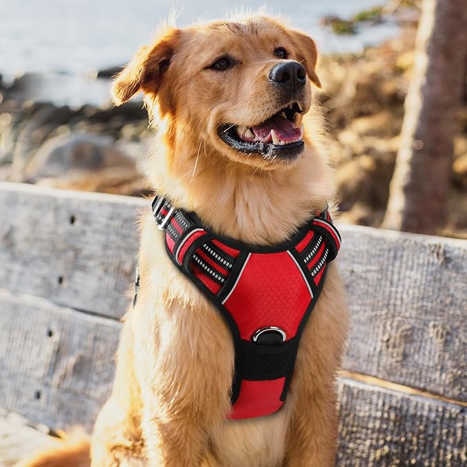 rabbitgoo Dog Harness for Large Dogs, No Pull Pet Vest with 3 Buckles, Adjustable Soft Padded Pet Harness with Easy Control Handle and Reflective Strips, Red, XL