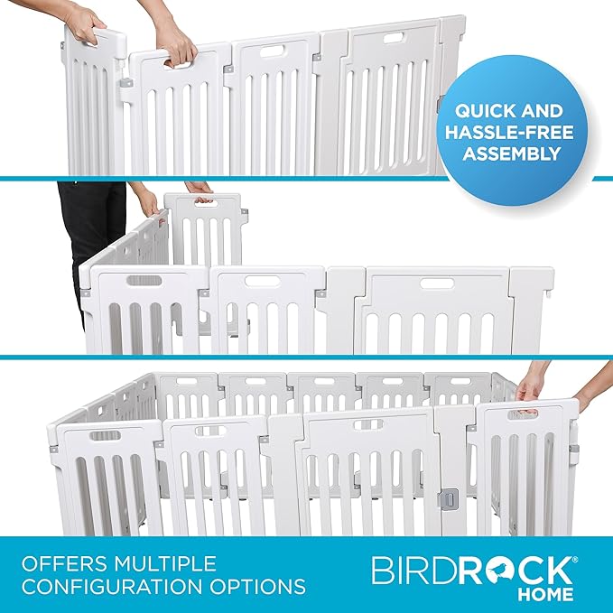 BIRDROCK HOME Dog Playpen w/Door, 16 Panel, 25.6in H | Strong Plastic, Non-Slip Puppy Playpen, Secure Pet Gate | Indoor Outdoor Fence | Configurable Panels | Medium to Large Pets - White
