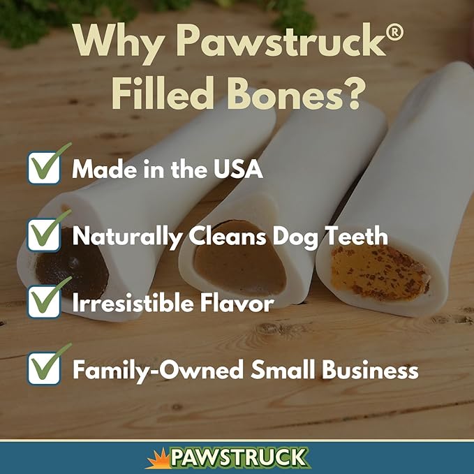 Pawstruck Small 3” Filled Dog Bones Variety Pack - Peanut Butter, Cheese & Bacon, Beef Flavors - Made in USA Long Lasting Stuffed Femur Treat for Aggressive Chewers - Pack of 3 - Packaging May Vary