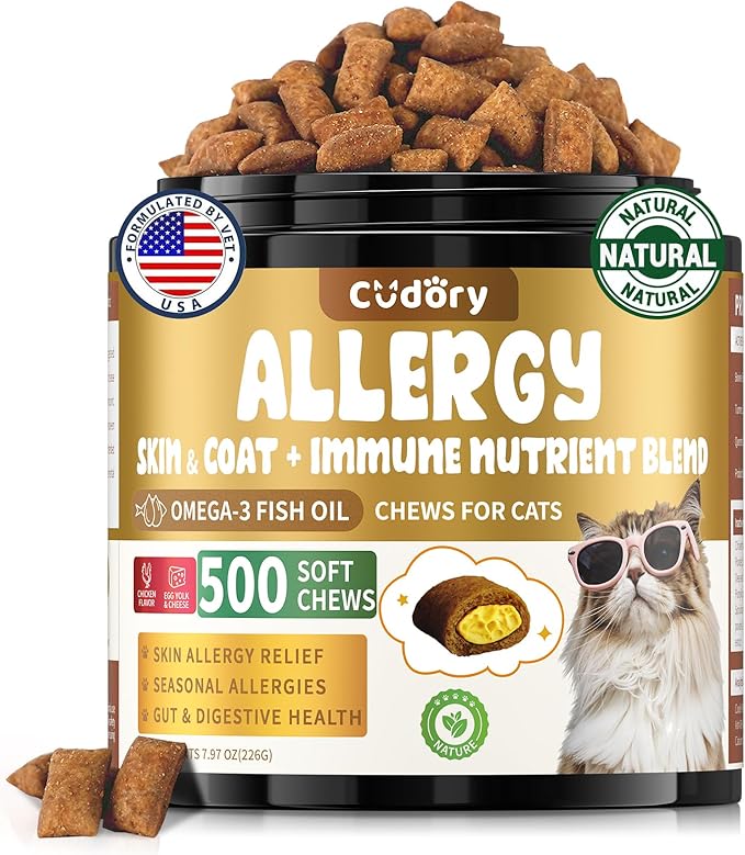 Cat Allergy Relief for Cats, Crunchy & Creamy Chews for Immune & Skin Coat Support – Seasonal Allergies, Itching Relief, Omega 3 & Probiotic Natural Supplement for Cats, Chicken Flavor – 500 Chews